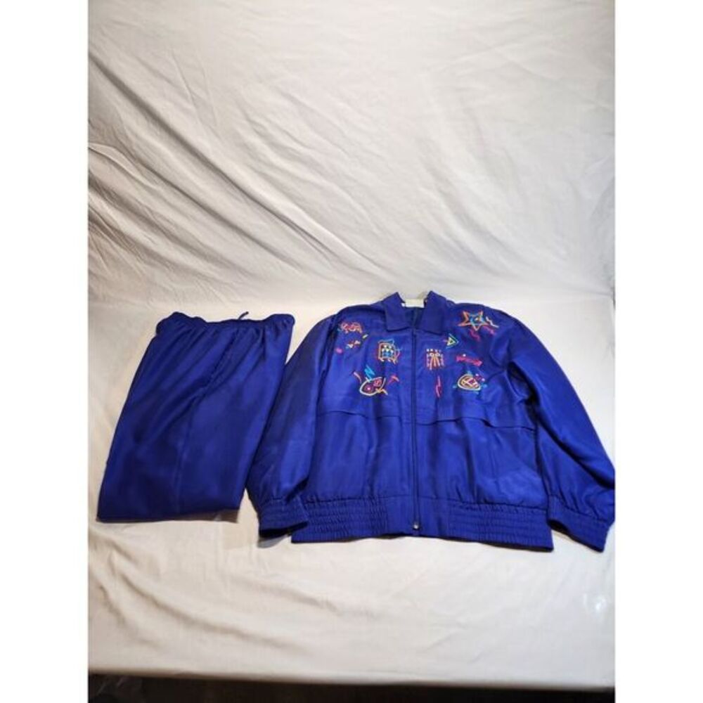 Strictly Silk Saint Germain Vintage 90s Silk Tracksuit Blue Embroidered Set M